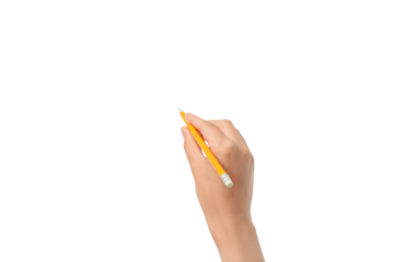 Hand grips a yellow pencil on a blank canvas, isolated on white, PNG