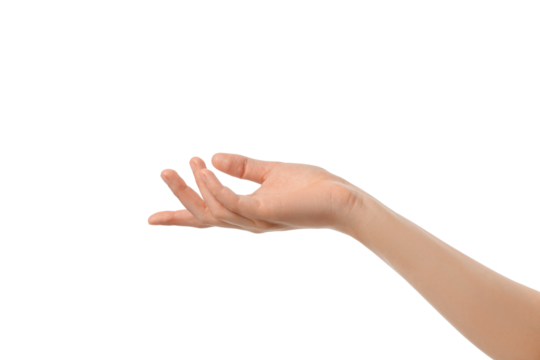 Open hand extends outward in a welcoming manner, isolated on white, PNG