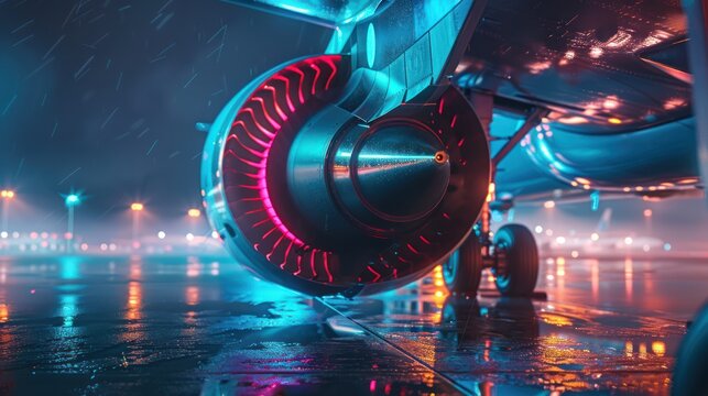 Illuminated jet engine at night. - Powered by Adobe