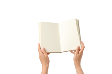 Hands display a blank book with empty pages, isolated on white, PNG