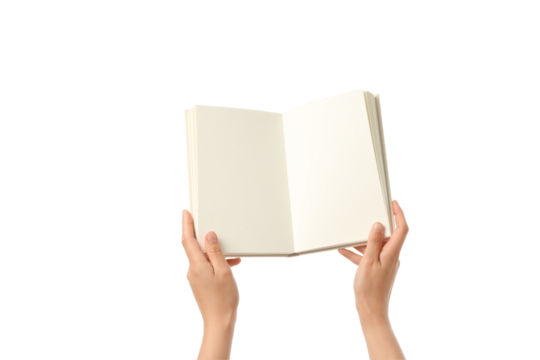 Hands display a blank book with empty pages, isolated on white, PNG