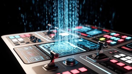 Futuristic control panel with binary code holograms and neon interface elements - Powered by Adobe