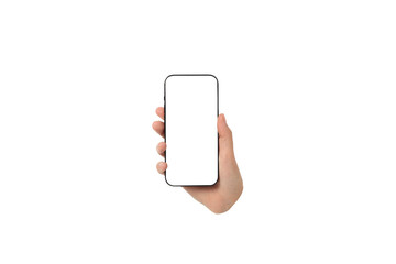 Hand holding a smartphone with a clear screen, isolated on white, PNG