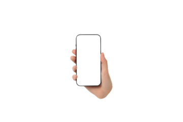 Hand holding a smartphone with a clear screen, isolated on white, PNG