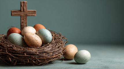Nest with speckled and brown eggs next to a wooden cross. Easter religious symbol for Christian holiday celebration.