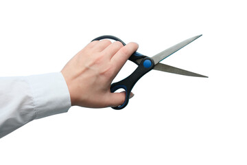 A hand in a white shirt holds scissors. Transparent background