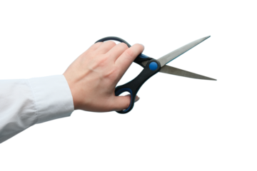 A hand in a white shirt holds scissors. Transparent background