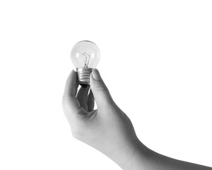 Black and white hand holds a lightbulb. Idea concept. Transparent background