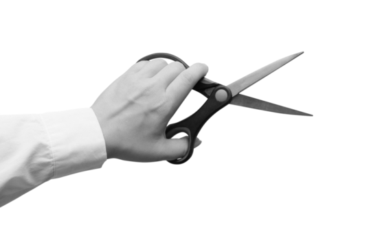 Ablack and white hand in a white shirt holds scissors. Transparent background