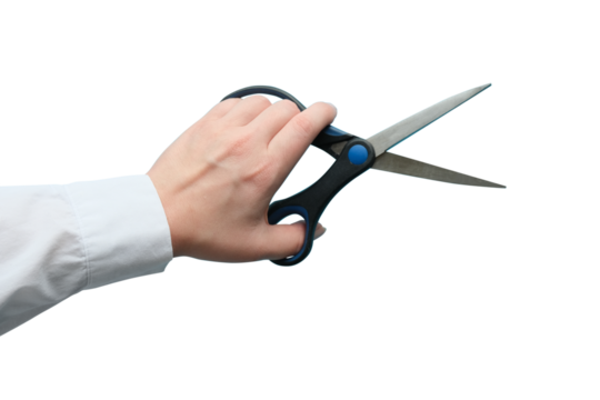 A hand in a white shirt holds scissors. Transparent background