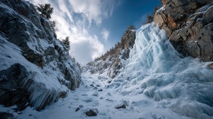 Winter landscape with frozen waterfall cascade in rocky mountain gorge