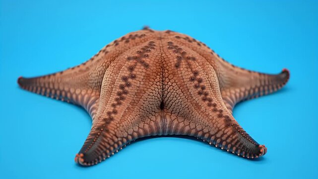 Vibrant Starfish Underside on Bright Blue Background: Detailed Close-up of a Sea Star's Ventral Surface with Intricate Patterns and Tube Feet, Mari...
