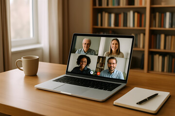Diverse business team in virtual meeting on laptop at home office with coffee and notepad