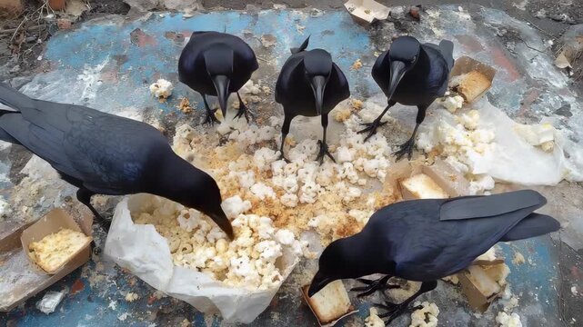 Five black crows are pecking at scattered popcorn and bread pieces on a weathered, dirty surface.
