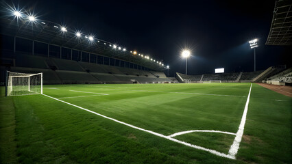 Fototapeta premium Empty soccer stadium at night with bright floodlights illuminating the green grass field and goal net