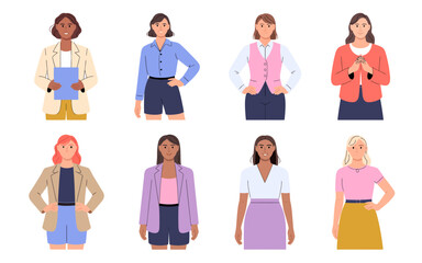 Fototapeta premium Business Female Avatars Collection – Flat Style Vector Illustrations of Women of Different Races and Ages in Suits with Office Accessories, Perfect for Corporate and Team Designs