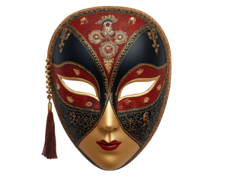 Decorative mask Chinese opera style floral pattern gold red black elegant ornate festive traditional mysterious with tassel isolated on transparency background