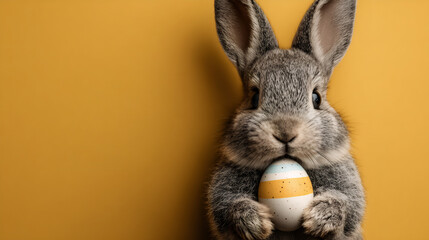 Adorable gray bunny holding a decorated Easter egg on a yellow background. Cute rabbit with an egg for spring holiday marketing.