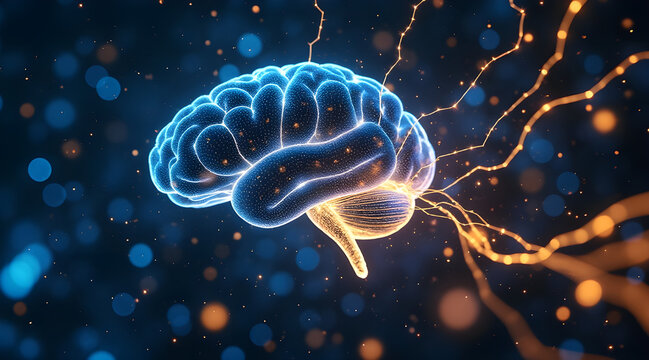 Abstract glowing human brain with neural pathways and bokeh lights representing thoughts and connections in a dark blue background