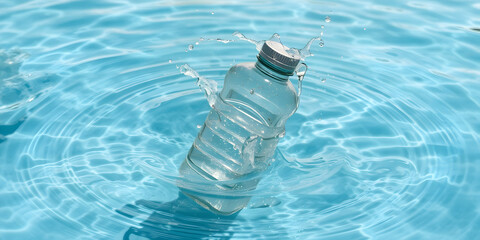 Water bottle splashing in clear blue water creates dynamic ripples and movement