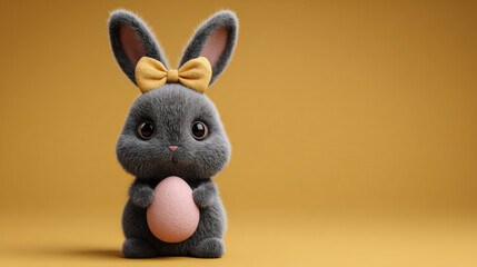 Cute fluffy gray bunny with a yellow bow holding a pink egg. Adorable Easter character for holiday decoration.