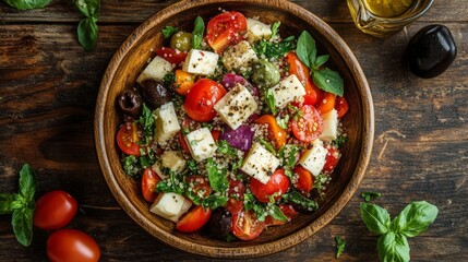 Delicious and healthy salad in a wooden bowl on the table, useful for cooking blogs and healthy eating articles.