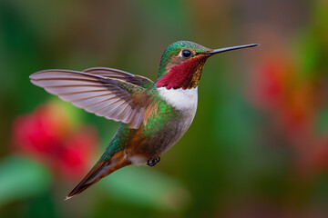 Fototapeta premium Photograph of a hummingbird in flight, with green and red feathers