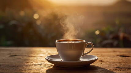 Obraz premium A cup of freshly brewed coffee with visible steam rising, backlit by golden sunrise light. Wooden table, soft-focus background with warm tones. Calm and inviting mood. Perfect for cozy morning visuals