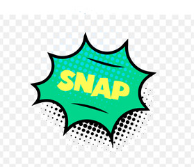 Snap sound in green comic bubble with bold yellow text and halftone dots, evokes quick motion, tension, pop. Used in comics, kids media, animated design. Pop art flat vector illustration