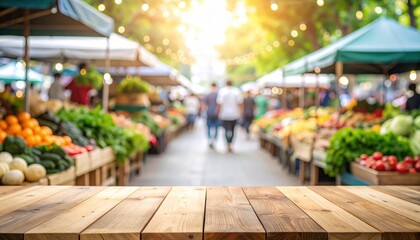 Outdoor Food Market Scene With Wooden Table Top