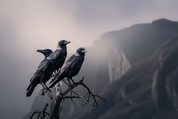 Fototapeta premium Three ravens perch gracefully on a barren branch against a hazy, atmospheric mountain landscape, creating a sense of mystery.