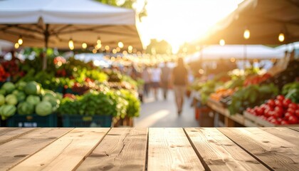 Wooden Table Top In Front Of Outdoor Food Market