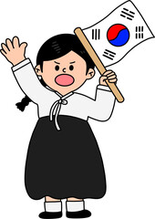 광복절 독립군 태극기 든 여자 사람 캐릭터 라인드로잉(korea national liberation day character line drawing)