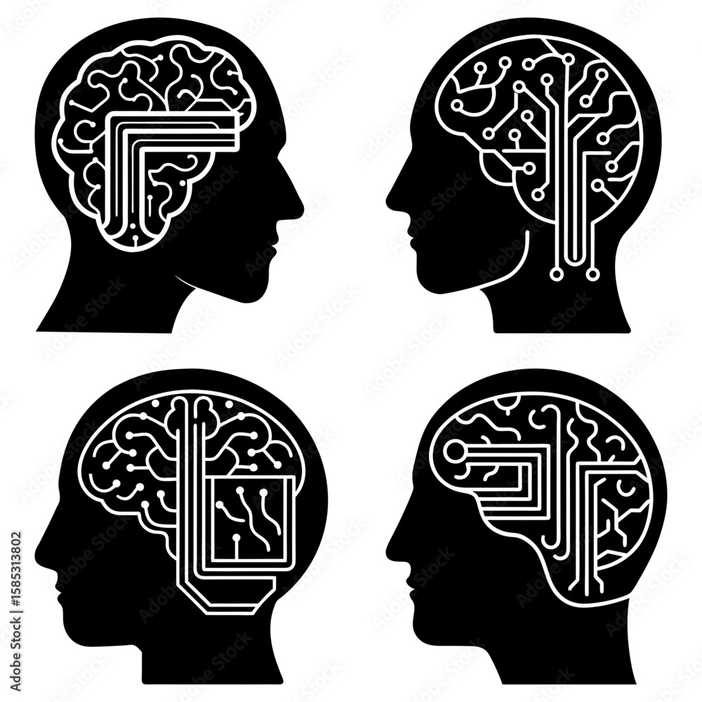 Poster four head profiles with circuit board patterns inside the brain area in black and white color scheme