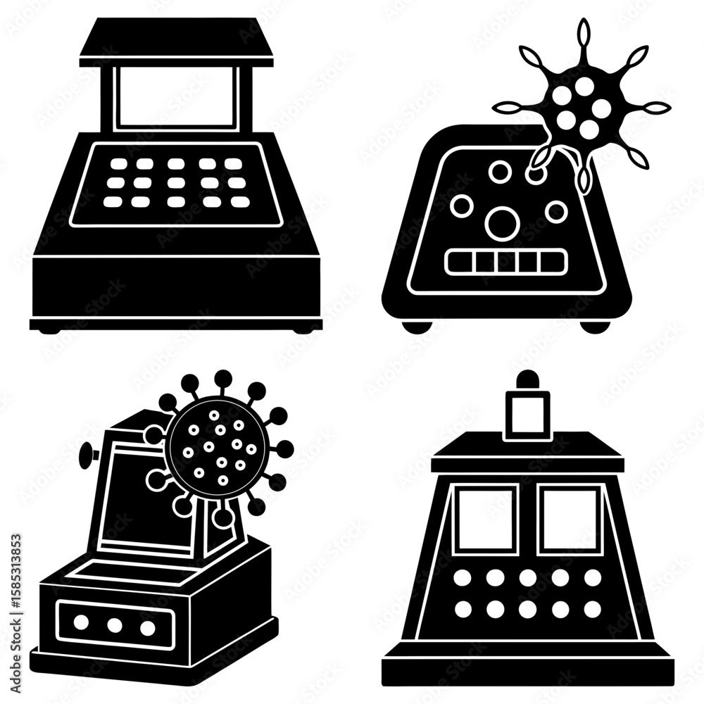 Poster four retro style machines with screens and buttons and two machines with virus icons attached to the