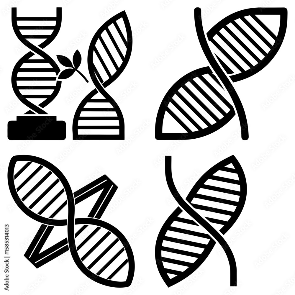 Poster illustration of four dna double helix structures in black and white with different orientations and 