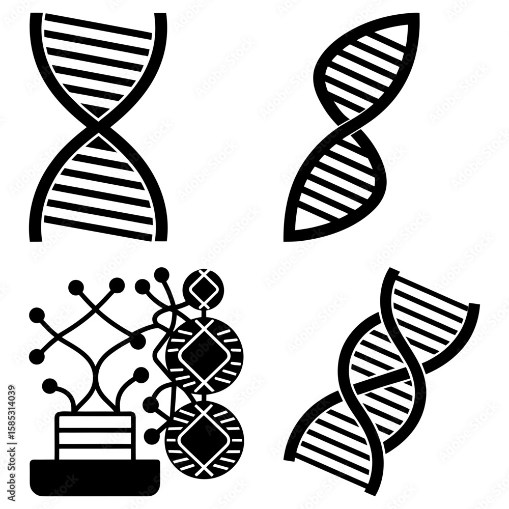 Poster illustration of dna helix structures and a complex molecular structure in black and white design sty