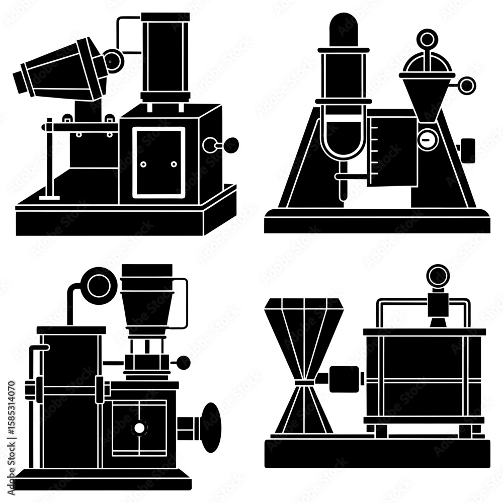 Poster illustration of four distinct industrial machines with various components and mechanical structures 