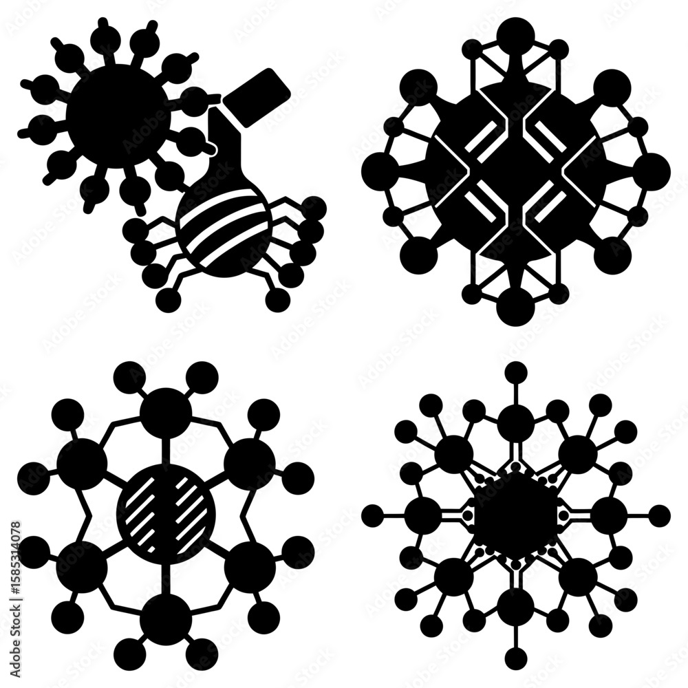 Poster illustration of four abstract designs featuring circular elements and connecting lines in black and 