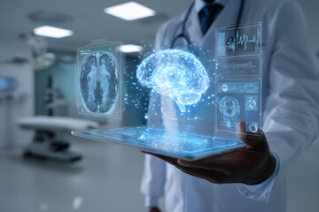 Doctor holding tablet with brain hologram