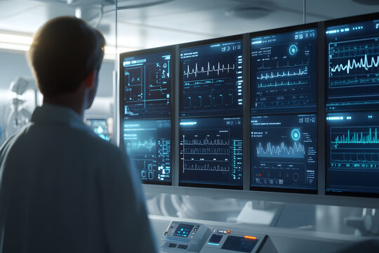 Doctor analyzing patient vitals on monitor screens - Powered by Adobe