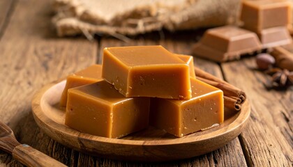 Stacked cajeta candies on rustic wood surface