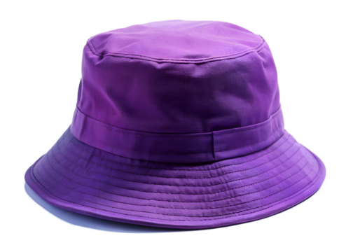 A trendy purple bucket hat made of shimmering fabric, isolated on a transparent background