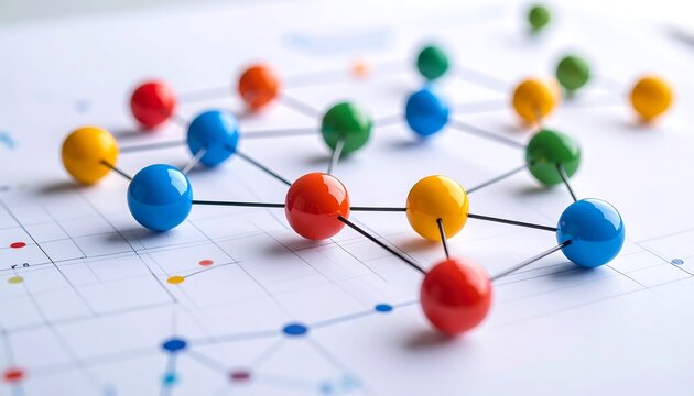 Colorful pushpins connected by thin wires on a document with plotted lines