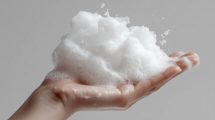 Fototapeta premium Hand Holding a Puffy White Substance Resembling Cotton Candy or Foam