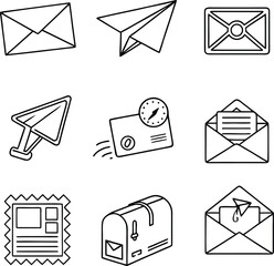 Mail & E-Mail Line Icon Set – Thin Outline Vector Collection of Postal and Digital Messaging