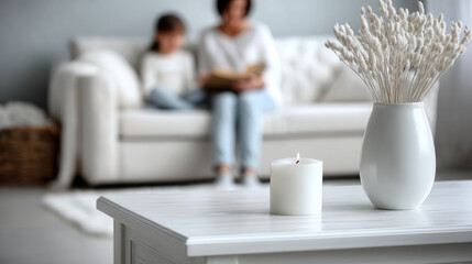 White candle ceramic vase dried grass white table living room cozy blurred background family home peaceful