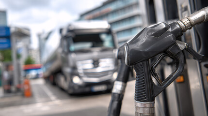 Gas pump nozzle close-up at a fuel station with a blurred truck in the background, representing rising costs and energy crisis.