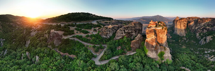 360 seamless panorama view of meteora with Holy Trinity Monastery at sunrise in 3:1 format