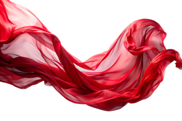 A flowing wave of sheer red silk fabric isolated on a transparent background